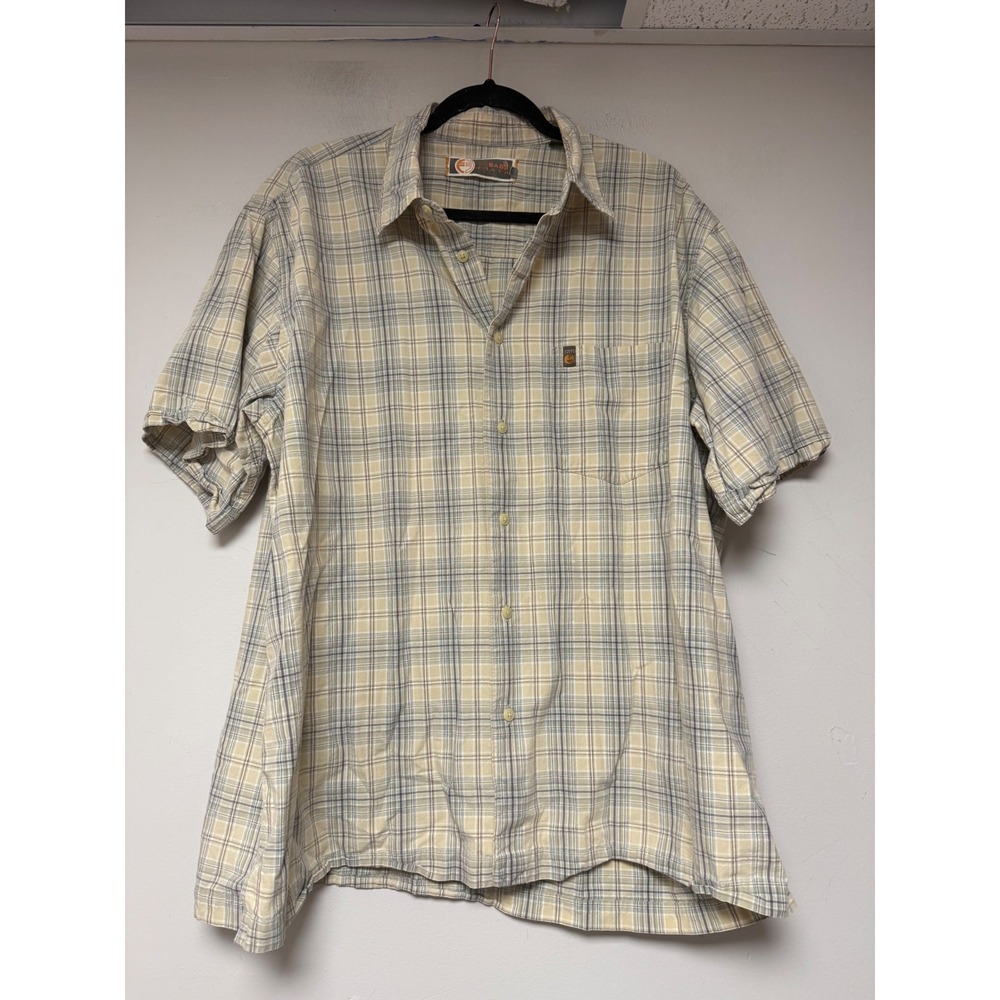 GH Bass Men's Plaid Short Sleeve Button Down Shirt Beige Blue Tan Casual Size XL